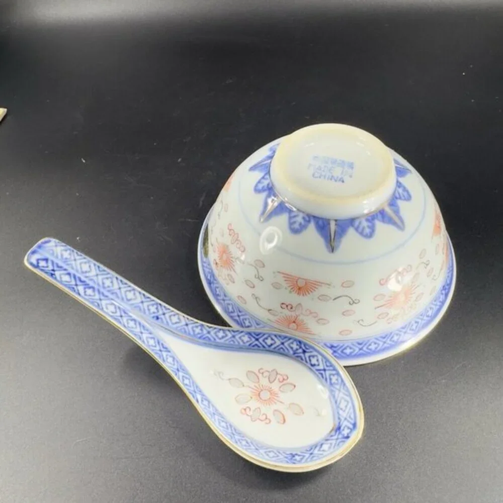 Vintage Chinese‎ Porcelain Rice Grain Bowl And Spoon Decorated Bowl With Sticker